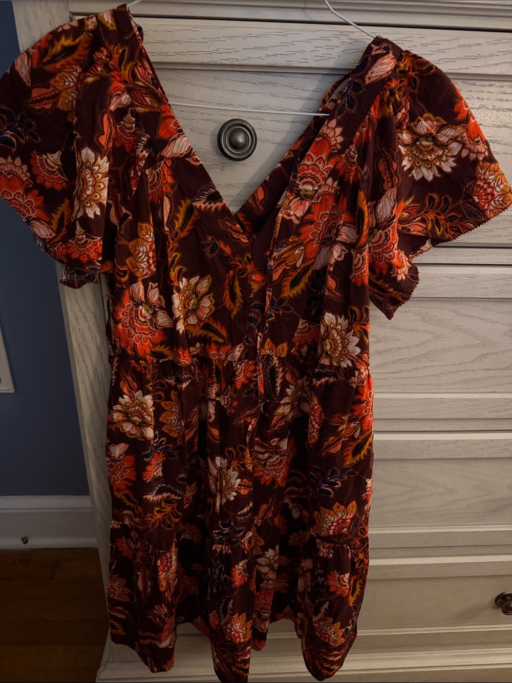 Old Navy Floral V-Neck Mini Dress in Burgundy and Orange - Picture 1 of 2